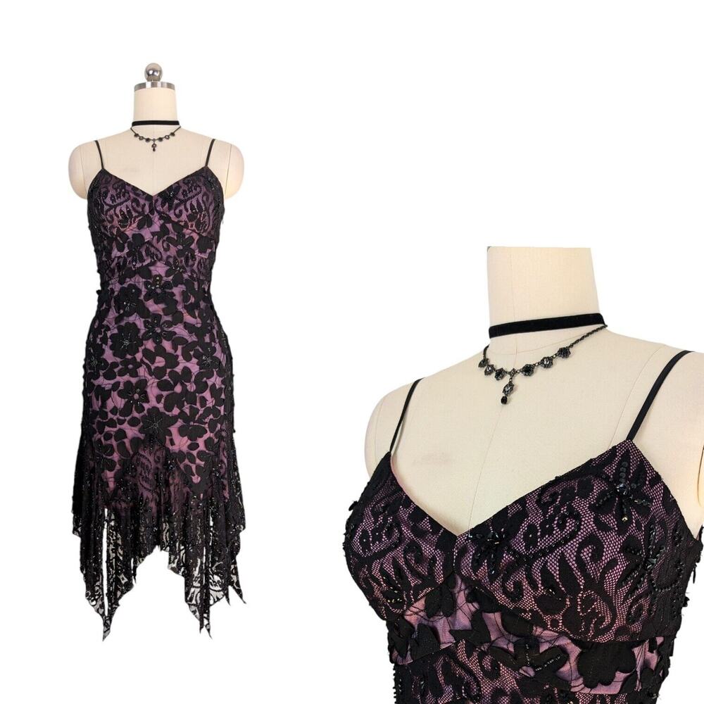 Vintage Sue Wong Midi Dress Cocktail Gown Fairy Goth Whimsigoth Pink Black 12